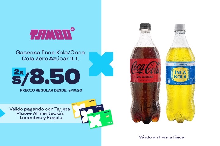 GASEOSA INCA KOLA/COCA COLA ZERO AZÚCAR 1LT. 2 X S/8.50.PRECIO REGULAR DESDE: S/10.20